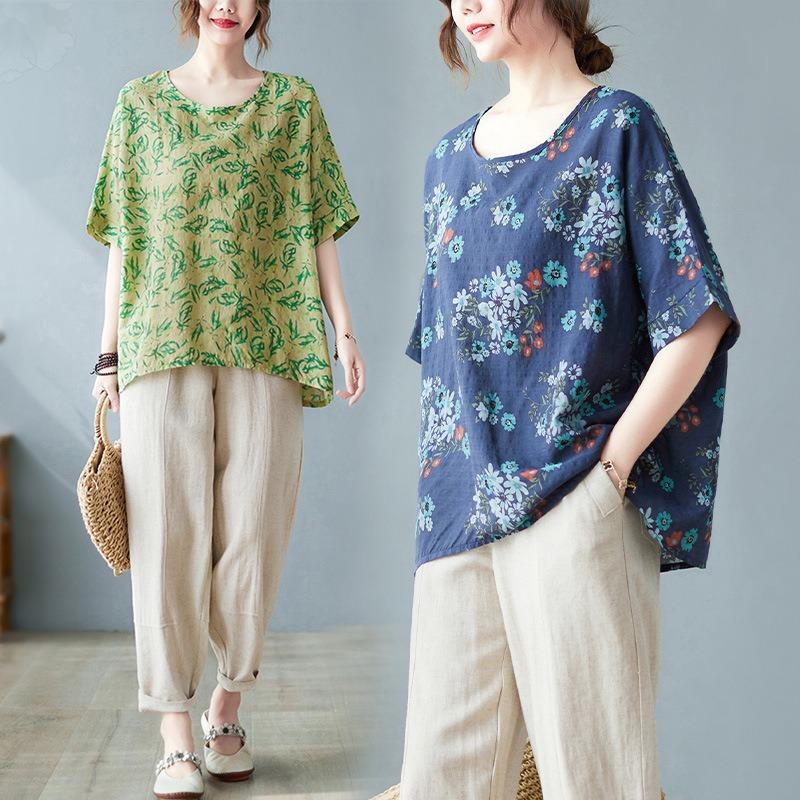 Übergröße Damenbekleidung Sommer Künstlerisches Rundhals Bedrucktes Kurzarm T-Shirt Damen Pullover Fledermausoberteil Damen