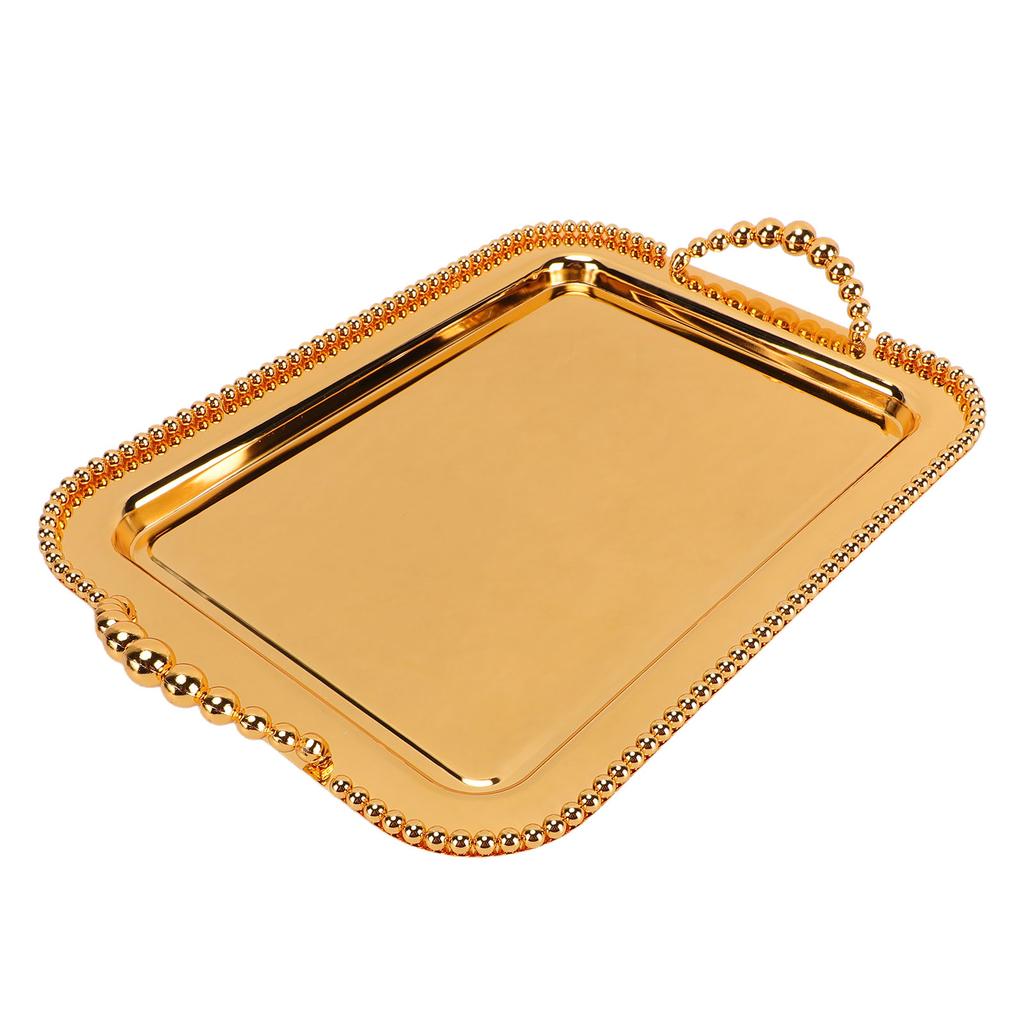 Metal Serving Tray with Beads European Decorative Rectangular Mirror Serving Platter with Handle for Table Centerpiece