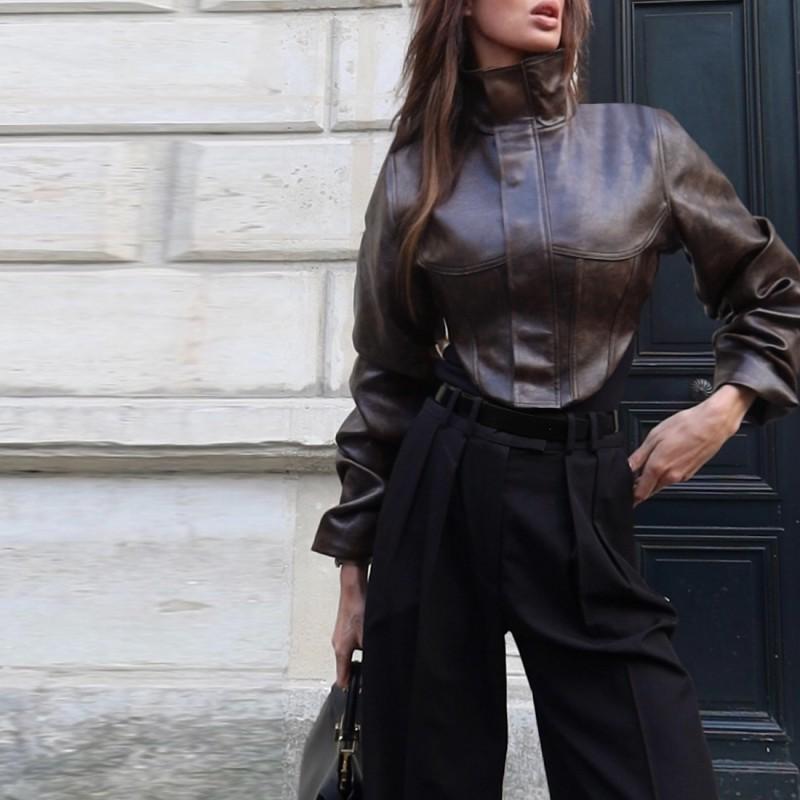Womens Slim Fit High Neck Zipper Short PU Leather Jacket Streetwear Biker Style