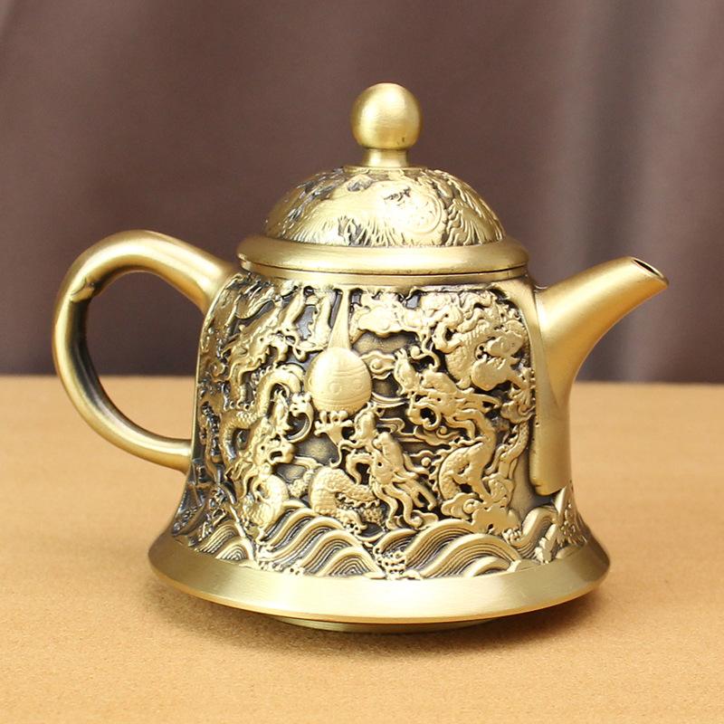 High-grade brass teapot faucet pot creative wine glass office desktop ornament pure copper retro Shuanglong play bead tea set