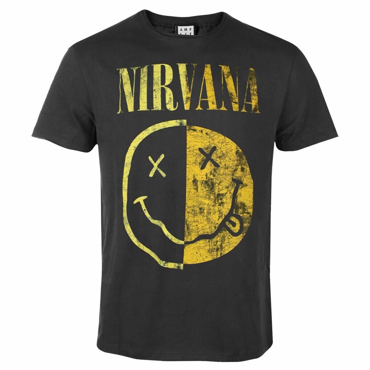 Amplified Nirvana Spliced Smiley Mens Charcoal 100% Cotton T-shirt Mens Tees Top Nirvana Classic Tee XL