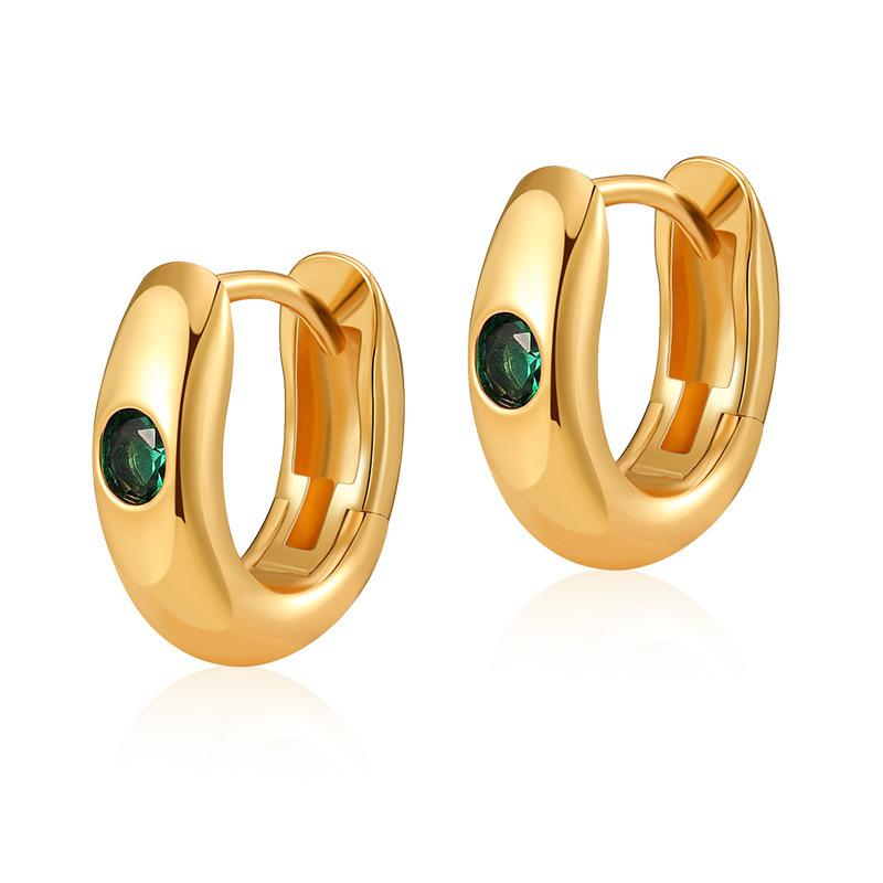 Women 18k Gold Plated Brass Small Plain Hoop Earrings Inlaid Green Zircon