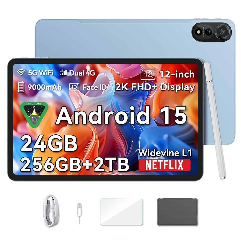 Blackview MEGA2 Android 15 Tablet with 4G LTE 2K IPS Large T615 CPU with Widevine L1 4G WiFi AI Protective and Stylus Pen Ideal for Kids and Calling,