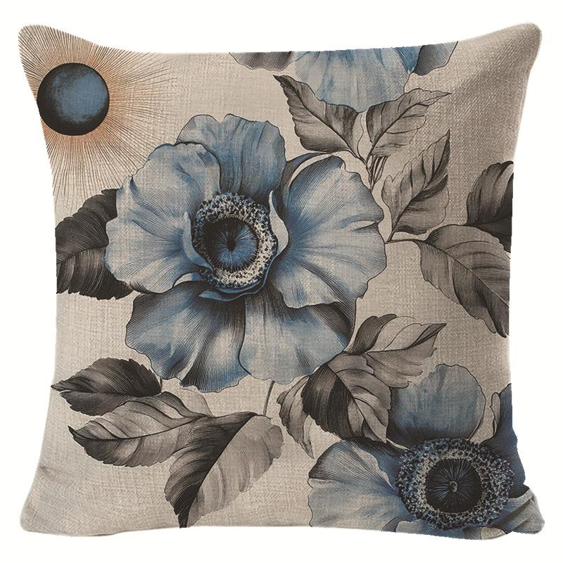 Blue Ink-wash Floral Linen Pillowcase for Living Room Sofa Decoration, Pillow Cover with Label
