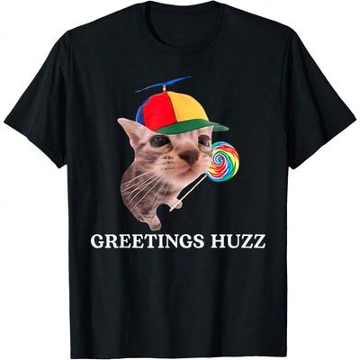 Grüße Huzz Lustiges T-Shirt, Humor-Shirt für Katzenliebhaber, Kurzarm-Tee für Männer Frauen, Top-Shirt Geschenk für Freund Ehemann