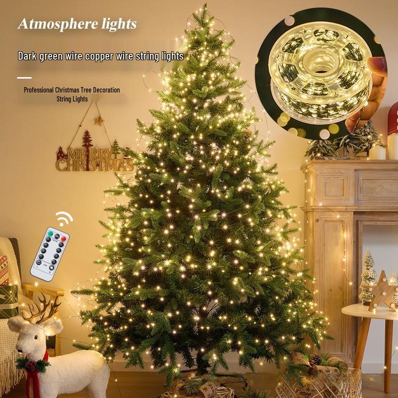 Cross-border LED Christmas Tree Copper String Lights, Dark Green Wire, Remote-Controlled, Mini Fairy Garland Lights for Decorative Atmosphere