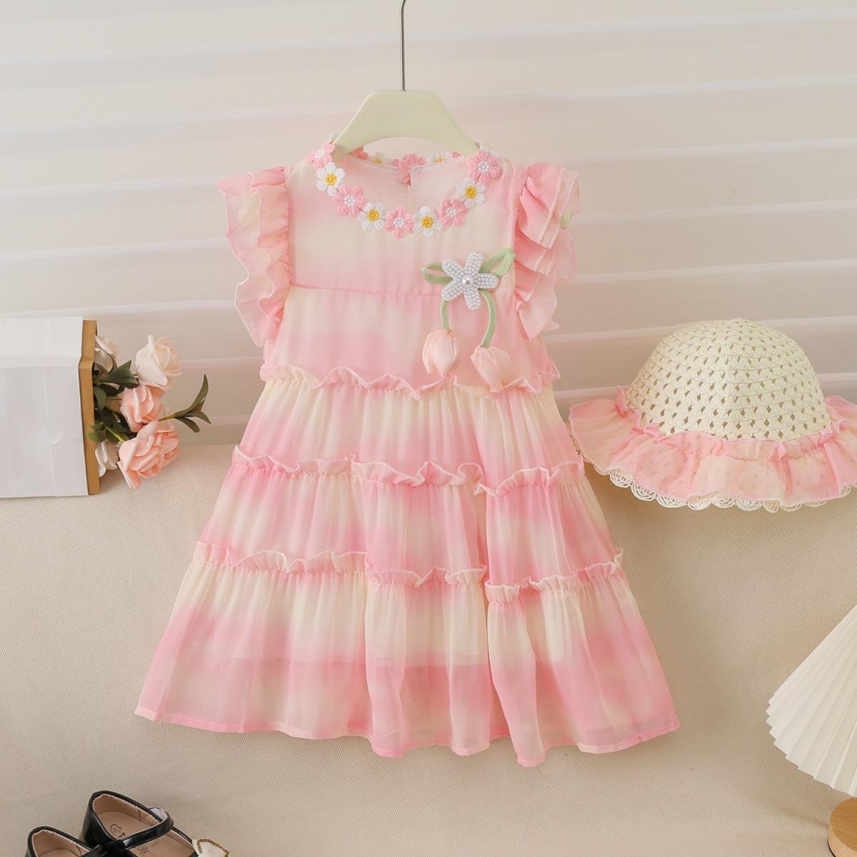 Girls Summer Chiffon Princess Dress Floral Pattern Vacation Sundress For Little Kids Beach Party Outfit 90cm