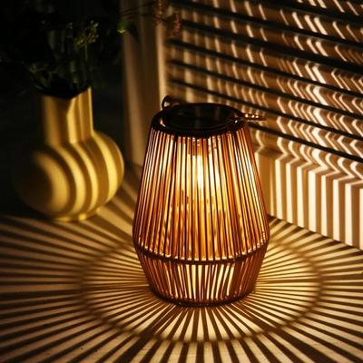 Rattan Solar Lantern Waterproof Hanging Bamboo Chandelier Lamp Solar Powered Rattan Weaving Light for Garden Patio Courtyard