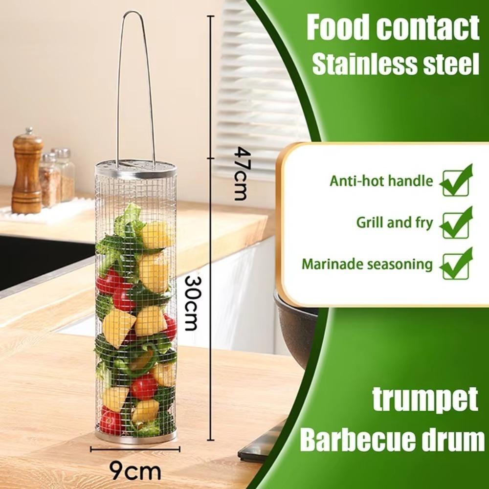 Portable Stainless Steel Grill Basket Barbecue Tool Round Rolling Grilling Basket Cookware BBQ Basket Barbecue