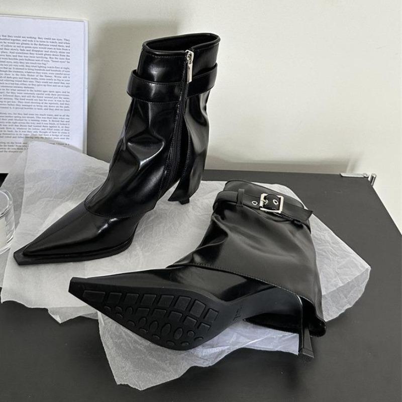 New Design Denim Buckle Thin Heels Ankle Boots Zipper Pointed Toe Banquet Women Shoes Zapatillas Mujer