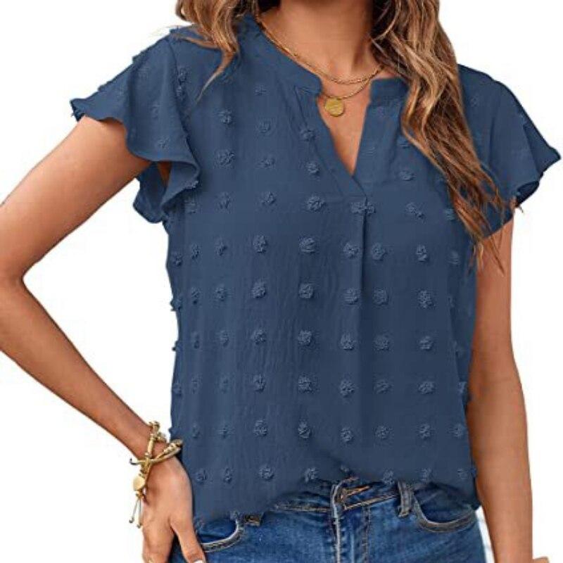 Elegante Büro Dame Chiffon Bluse Frauen Tops Shirts 2023 Sommer Einfarbig Kurzarm V-ausschnitt Kleidung Blusa Mujer 25836