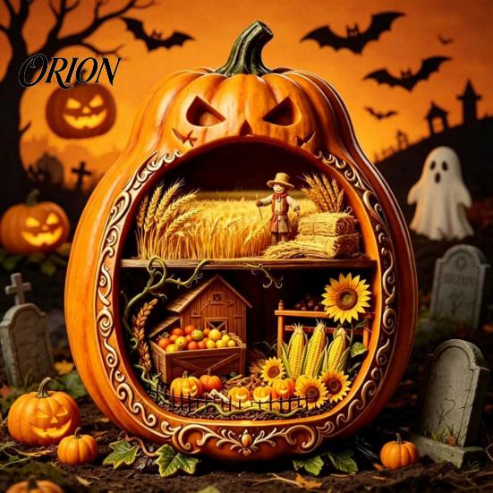 Detailed Halloween Scene Decor Centerpiece Pumpkin, Wooden Pumpkin Ornament with Miniature Scenes, Rustic Home Accents Skeleton for Farmhouse