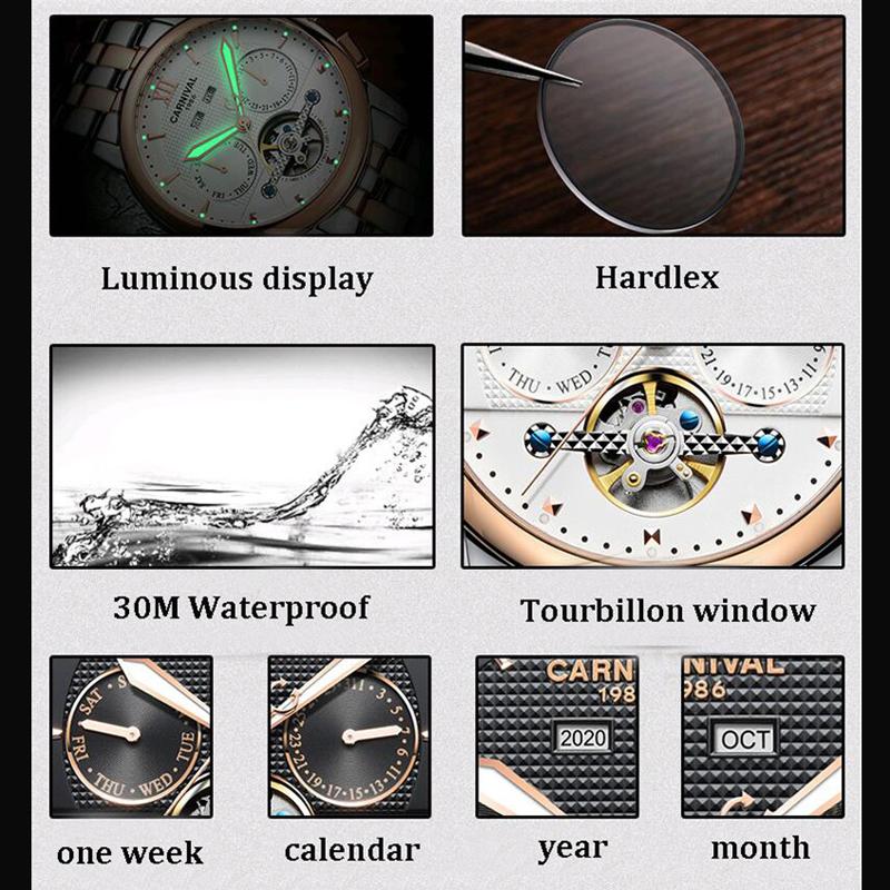 CARNIVAL Orologi Meccanici Automatici Calendario Perpetuo Sportivi Uomo Acciaio Completo Lusso Tourbillon Orologio Luminoso Reloj Hombre
