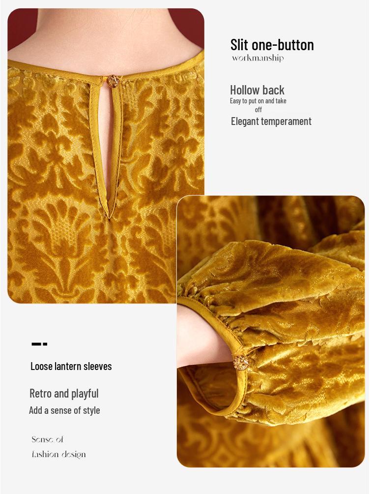 Damtopp med lång ärm i sidenvelour - Ungdomligt kinesiskt lapptäcksmönster, Rundhalsmodell