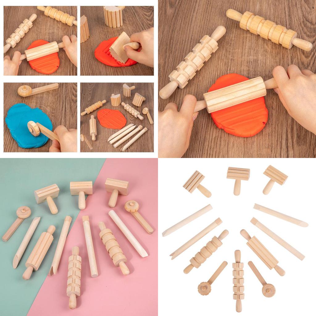 Wooden Pasta Rolling Pin With Textured Surface For Kids Diy Craft And Play