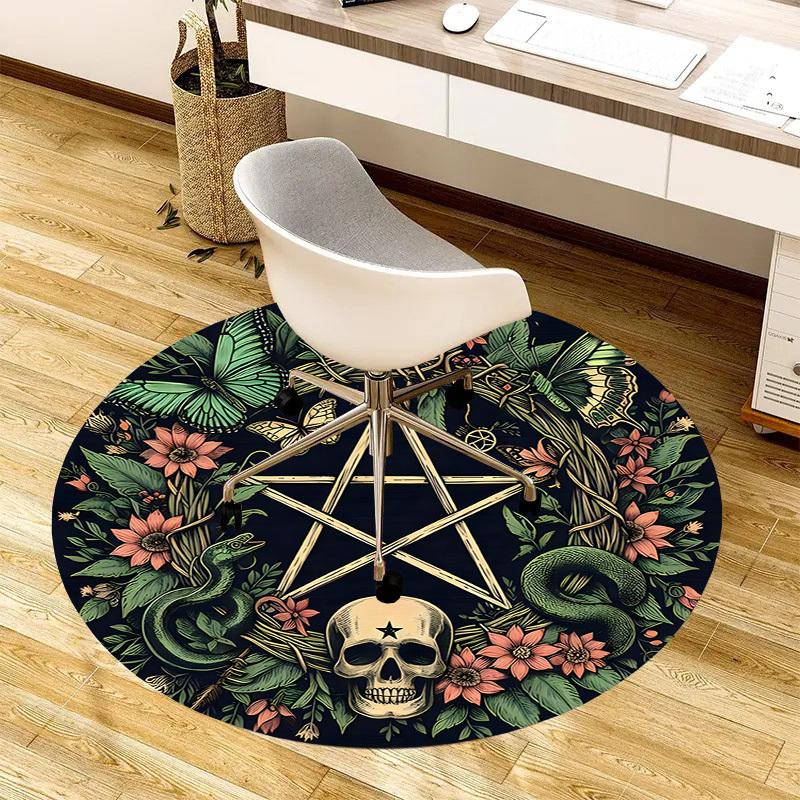 1pc Office Carpet Chair Mats Pentagram with Skull, Butterflies, and Floral Wreath Perfect for Decorating Office Chairs, Living Rooms, Or Bedrooms.YDT0