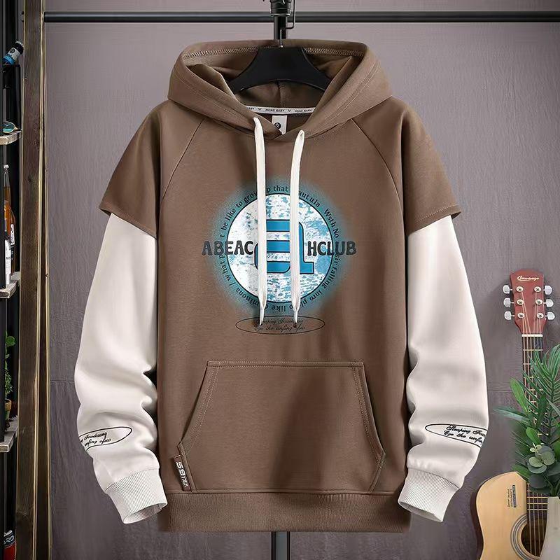 Men's Trendy Letter Print Hooded Sweatshirt - Spring & Autumn Faux Two-Piece Casual Sports Jacket