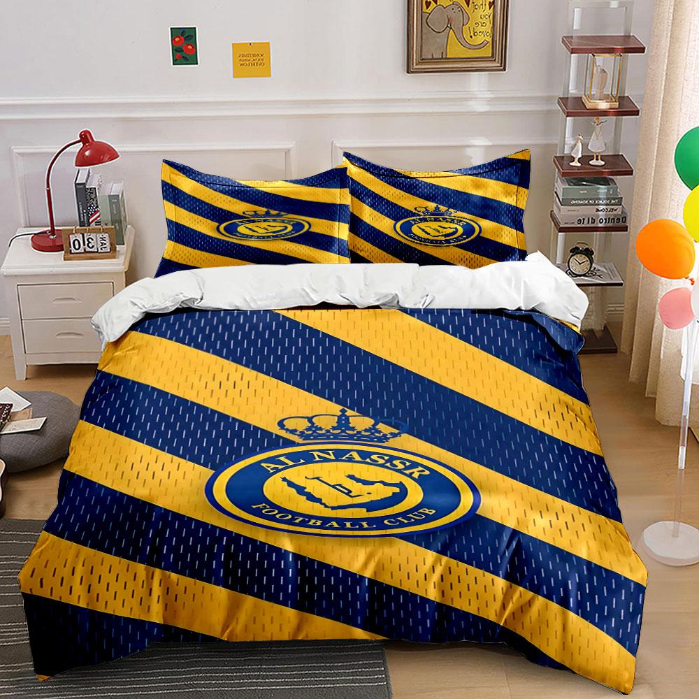 Gelb-blaue Streifen, Al-Nassr-Logo. Bettwäsche-Sets Bettbezug-Sets Bettbezüge Kissenbezüge(1*Bettbezug 2*Kissenbezüge ohne Bettdecke)