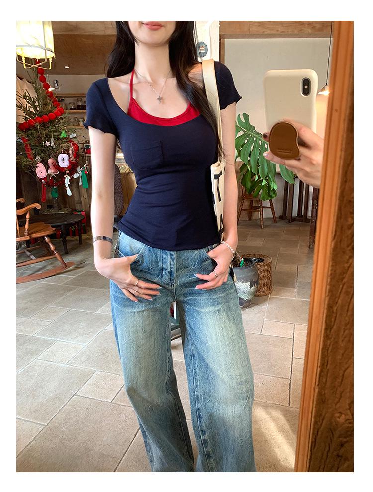 2026 Summer Korean Style Slim-Fit Wool T-Shirt for Women - Spicy U-Neck, Short-Sleeved, Sexy & Trendy