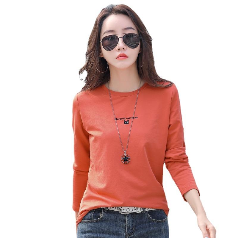 T-shirt z okrągłym dekoltem i długim rękawem dla kobiet, jesienno-zimowy, haftowany koreański styl, duży rozmiar, dolna koszula, bawełna 95