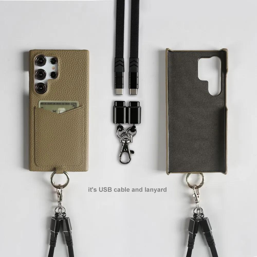 USB Charging Cable Lanyard Genuine Leather Case for Samsung Galaxy S25 Ultra S24 S23 S21FE S22 Note20 Crossbody Strap Card Slot