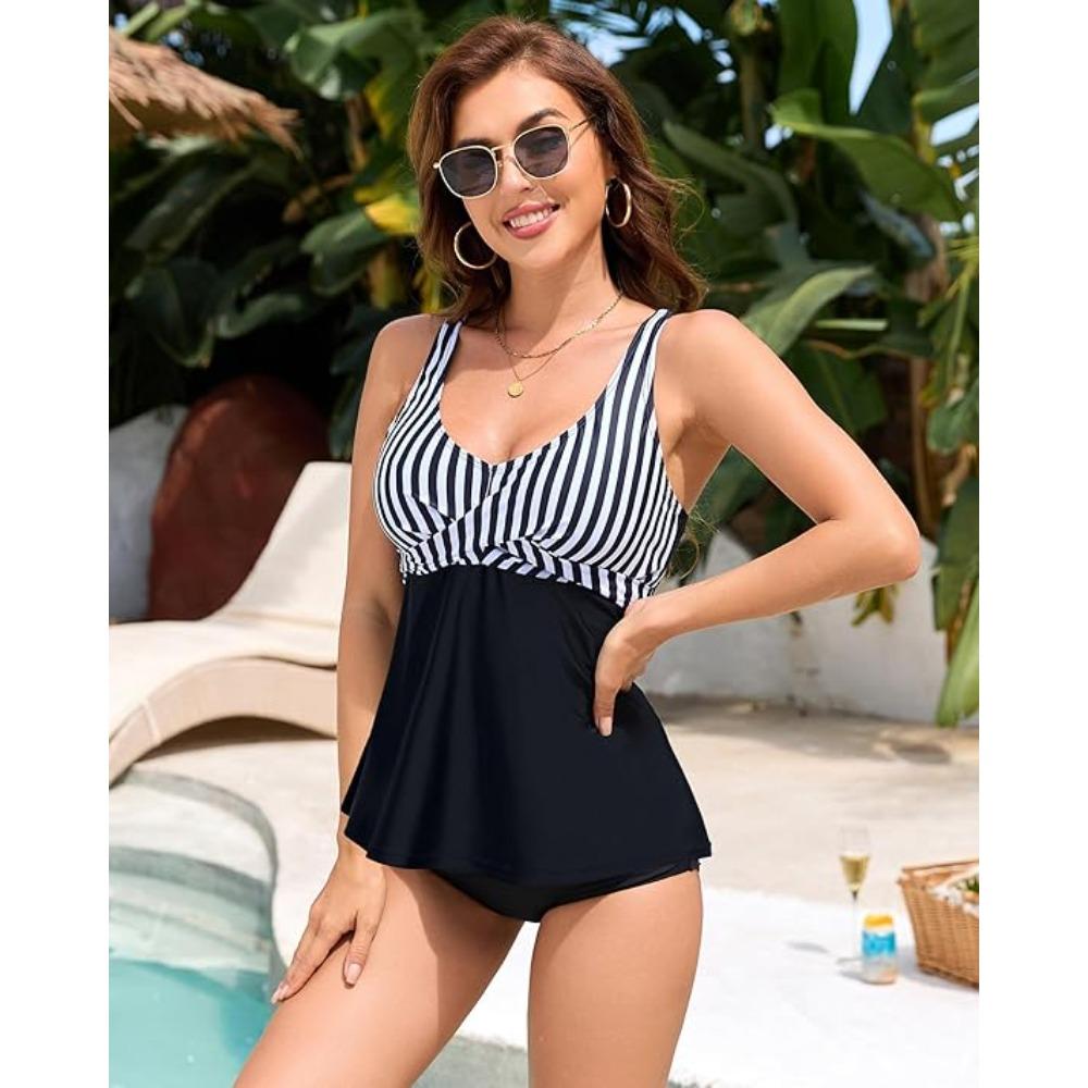 CHARMLEAKS Womens Tankini Top Twist V Neck Bathing Suit Top Flowy Padded Swimsuit Top Swim Tank Top Only