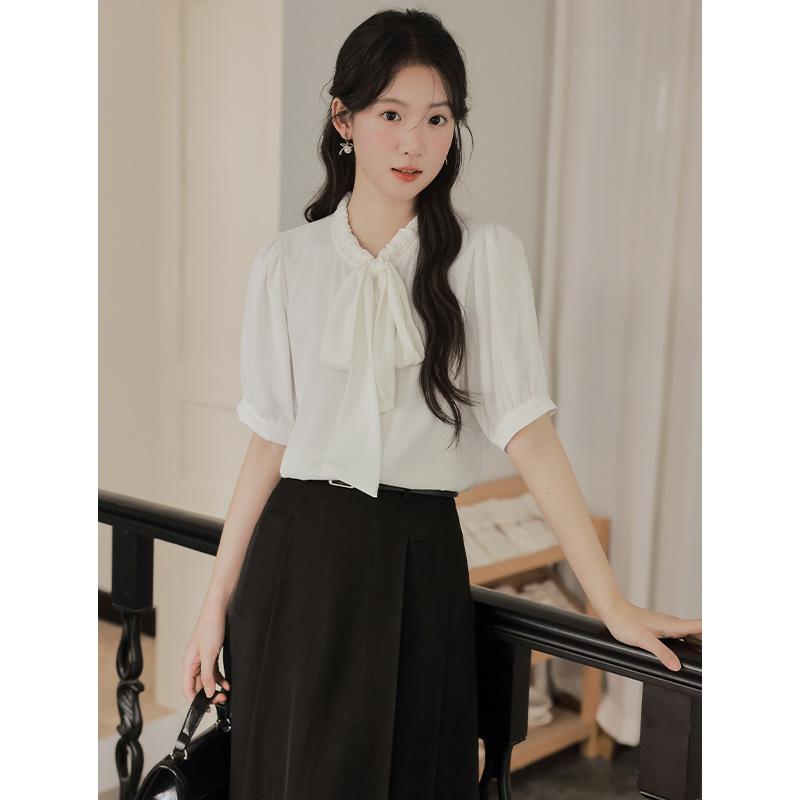 

Темпераментная рубашка летнее платье для собеседования атласный бант шнуровка рубашка с коротким рукавом XL