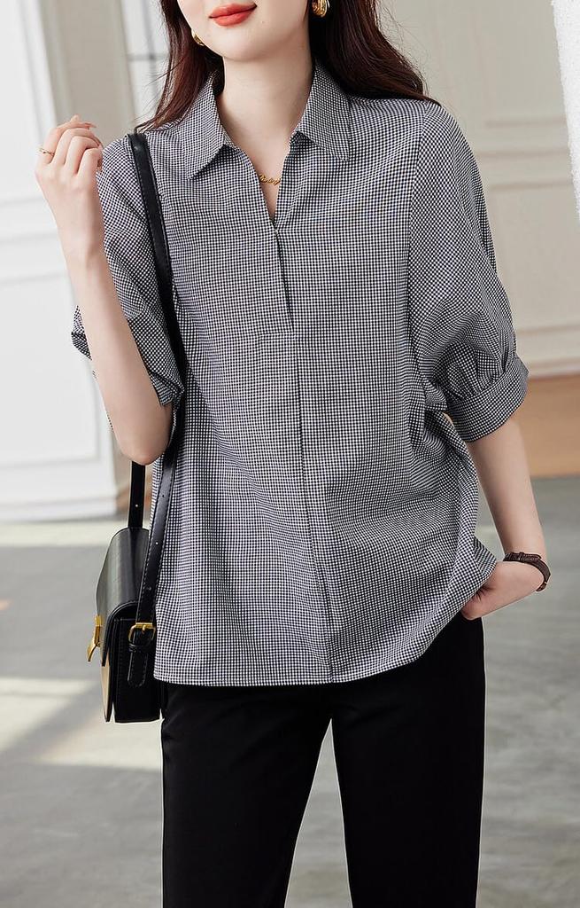 Summer Blouse for Short Checkered Loose Henley for Office for Casual [H. Zroy] Women, Shirt, Sleeve, Top, Pattern, Turn-down Collar, Fit, Slimming,