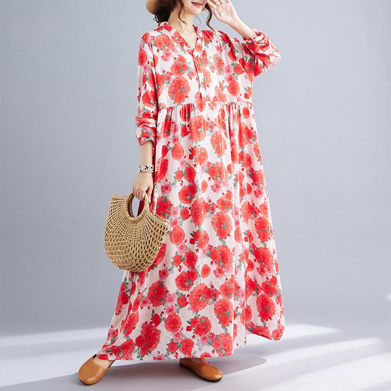 Early Autumn Bohemian Retro Cotton Linen Print Loose Sleeved Long Dress for Women Dresses