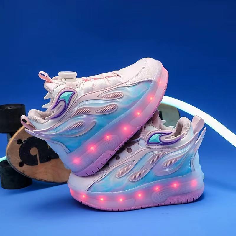 Barnesko med to hjul, roterende knapp, LED, oppladbare, lysende rulleskøyter, dobbel rad, Heelys-sko, rulleskøytesko