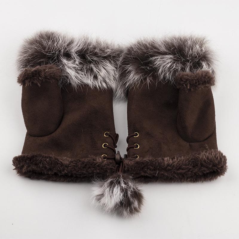 

1 пара женских зимних замшевых меховых перчаток без пальцев, варежек, мягких теплых на флисовой подкладке темный кофе