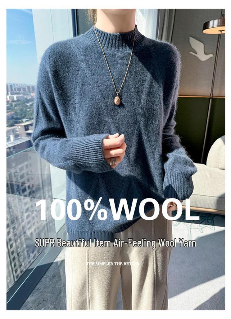 Women's Heavyweight Wool Diamond-Knit Sweater, Half-High Neck, Loose Fit.