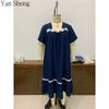 Women Nightgown Seersucker Floral Square Collar Short Sleeve Long Robe Loose Summer Loungewear Sleepwear