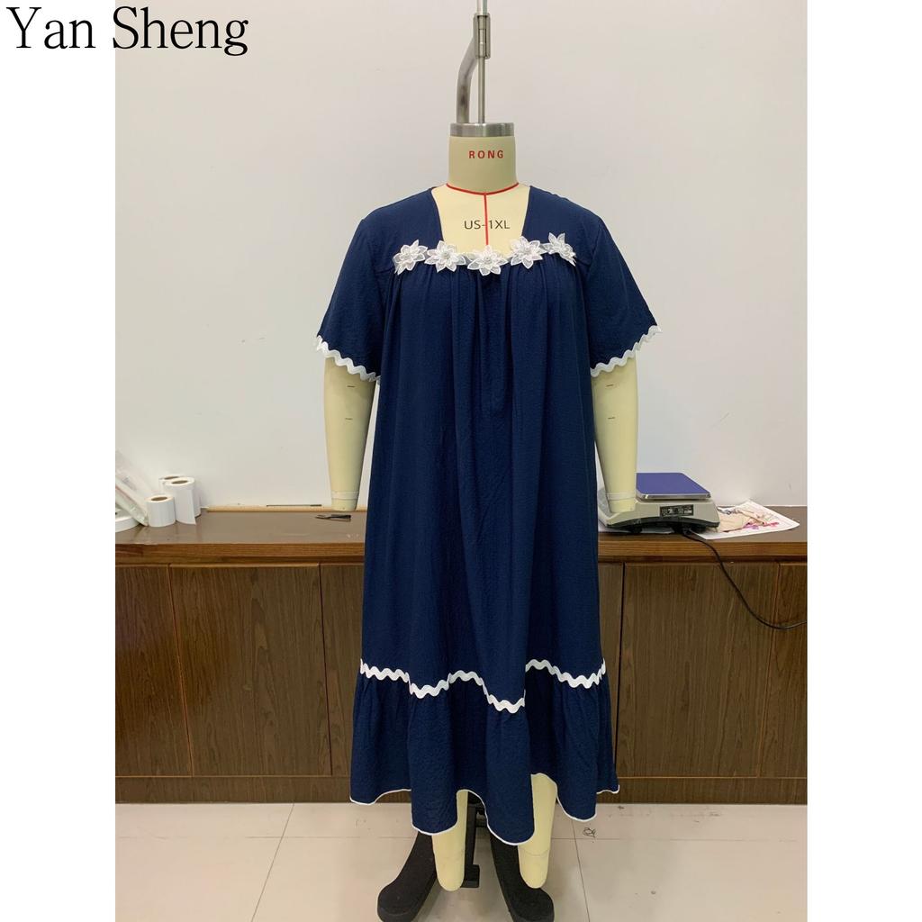 Women Nightgown Seersucker Floral Square Collar Short Sleeve Long Robe Loose Summer Loungewear Sleepwear