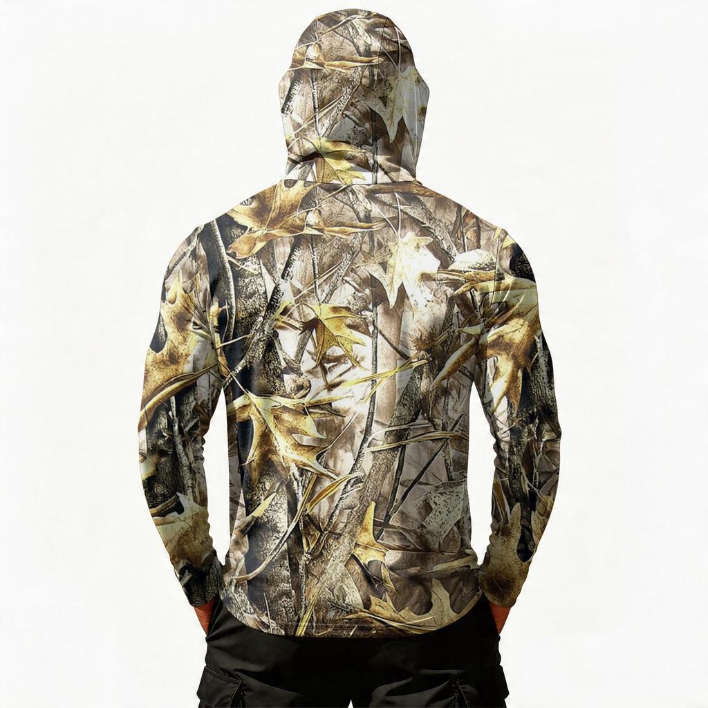 Men's Casual Leaf Camouflage Print Hoodie Long Sleeve Sun Protection Jacket Lightweight Breathable Outdoor Pullover with Zipper Pocket