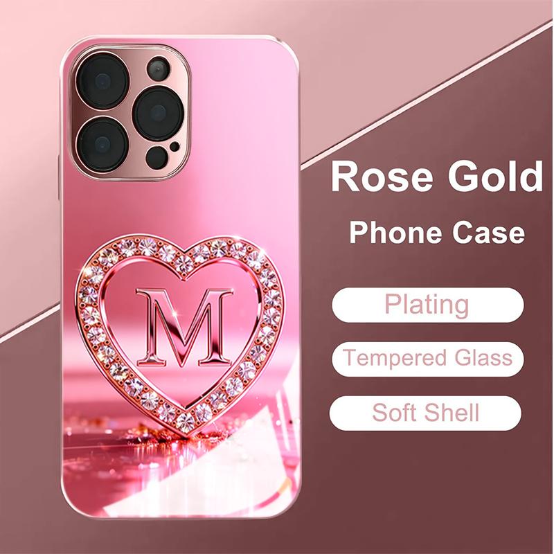 Diamond Love Letter Tempered Glass Phone Case for iPhone 17 Pro Max 11 12 13 Pro 14 15 16 Plus 16E 17Air Lens Protection Cover
