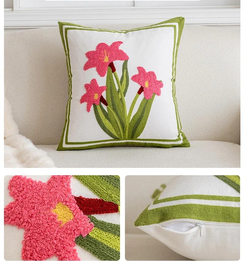 Cotton Canvas Floral Embroidery Cushion Cover American Countryside Outdoor Pillow Covers Decorative Living Room Throw Pillowcase