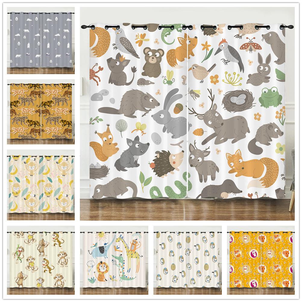 Curtain Cartoon Animal Bear Deer Love Kitten Digital Printing Blackout Curtain Punching