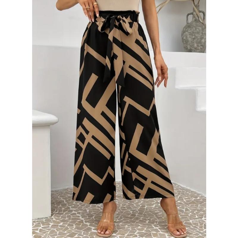Damen High Waist Geometrischer Print Weite Hosen Schleife Lässig Lange Hosen Elegante Streetwear
