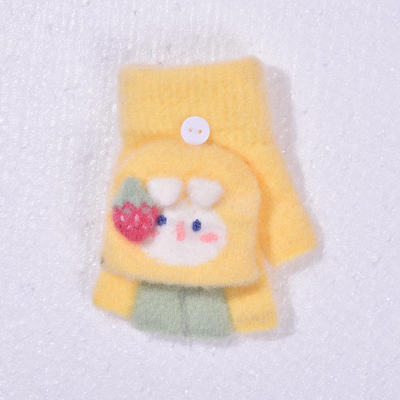 Student Winter Warm Gloves Leaked Finger Fleece Thickened Men's and Women's Writing Cartoon Cute Flip Knitted Half-finger Gloves