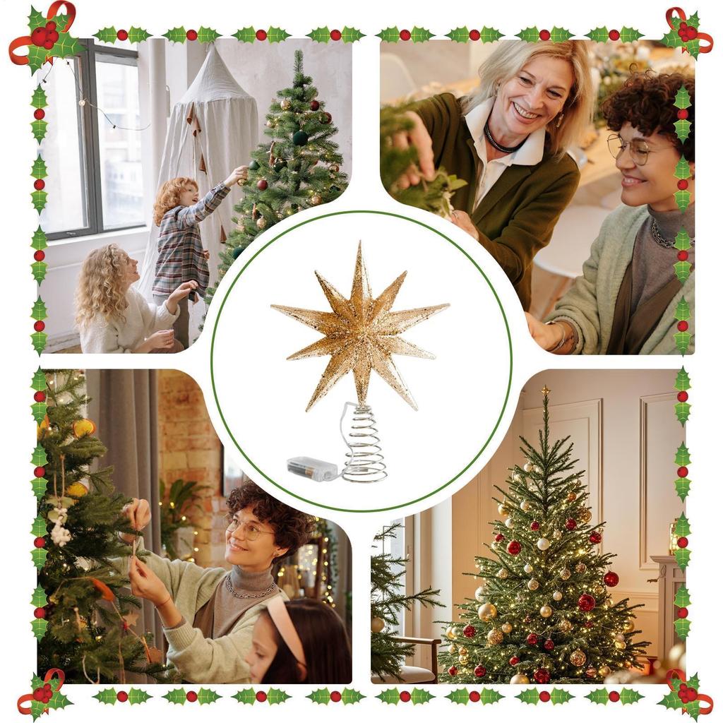 Christmas Tree Star Topper Holiday Treetop Decorations Pre-Lit Glittered Star Treetop For Office Indoor Home Bar Shop Bedroom