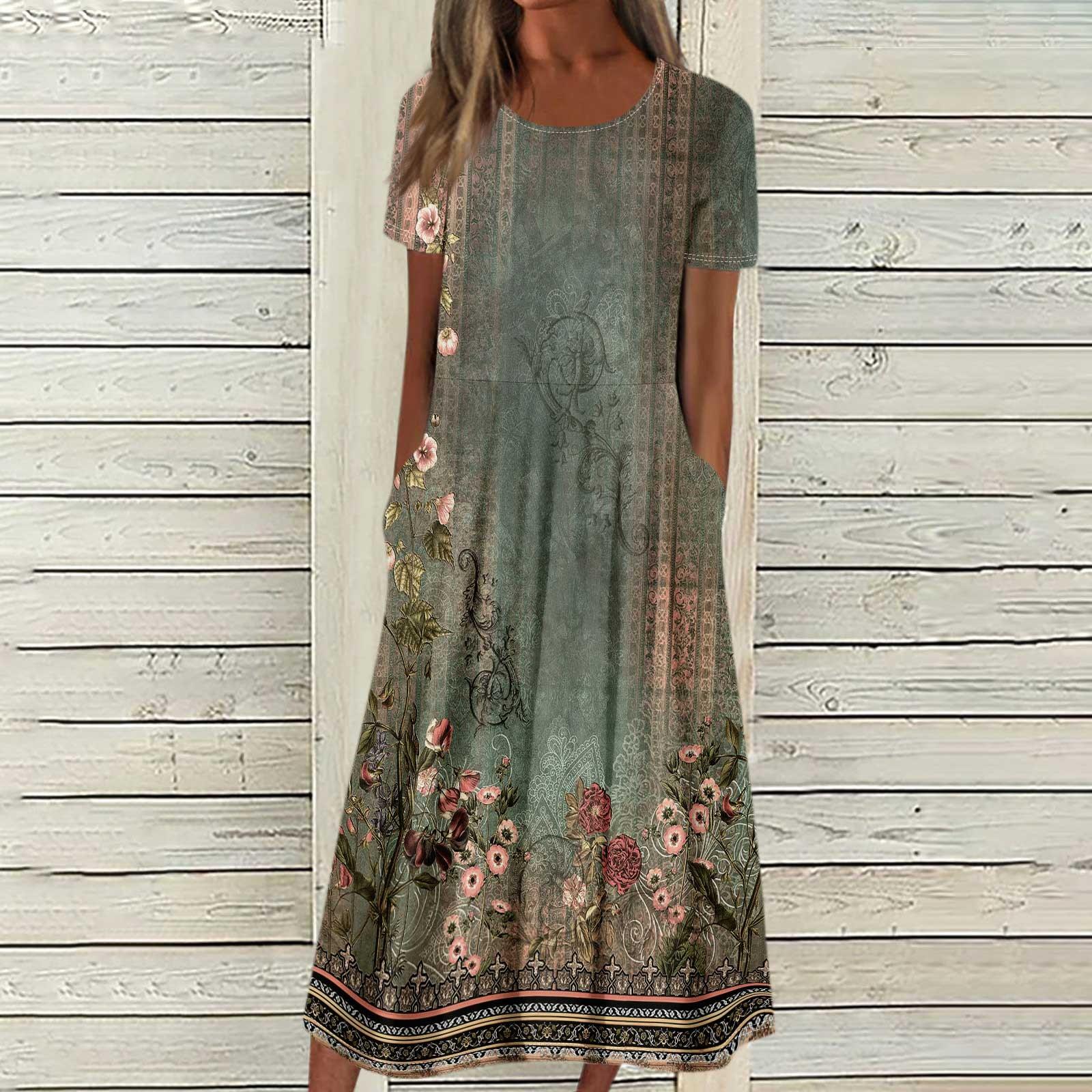 Женское летнее повседневное модное платье с коротким рукавом и карманом с круглым вырезом — фото 9