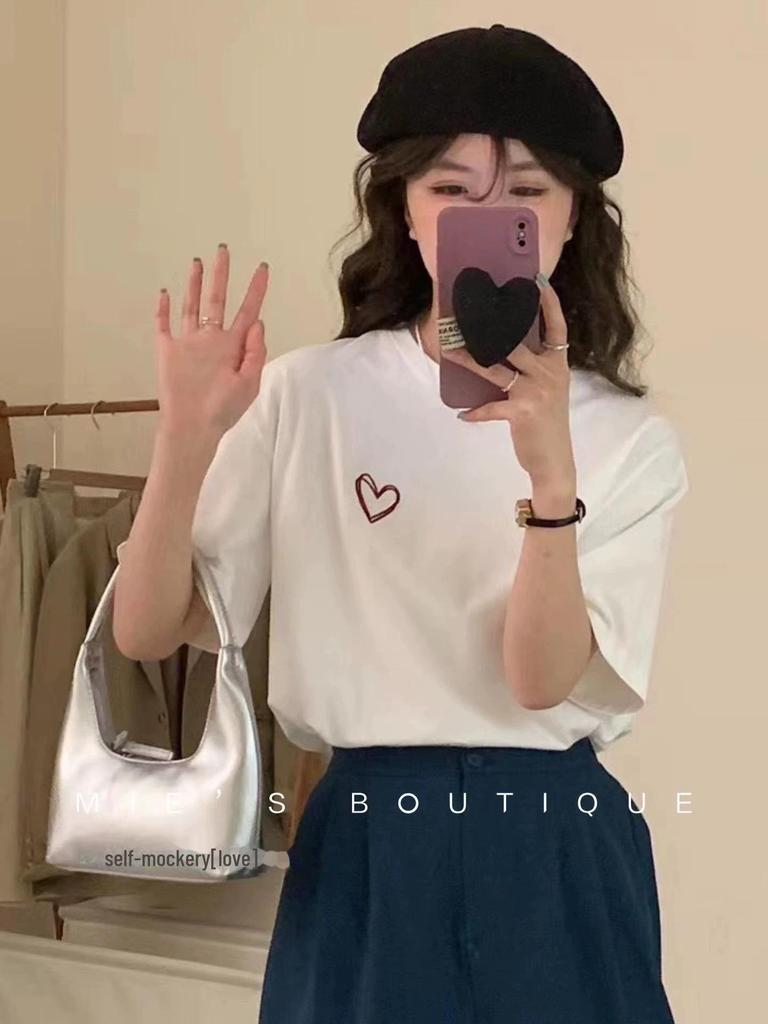 Women's Korean Style Heavyweight Cotton Short-Sleeve T-Shirt – White, Straight-Shoulder Design