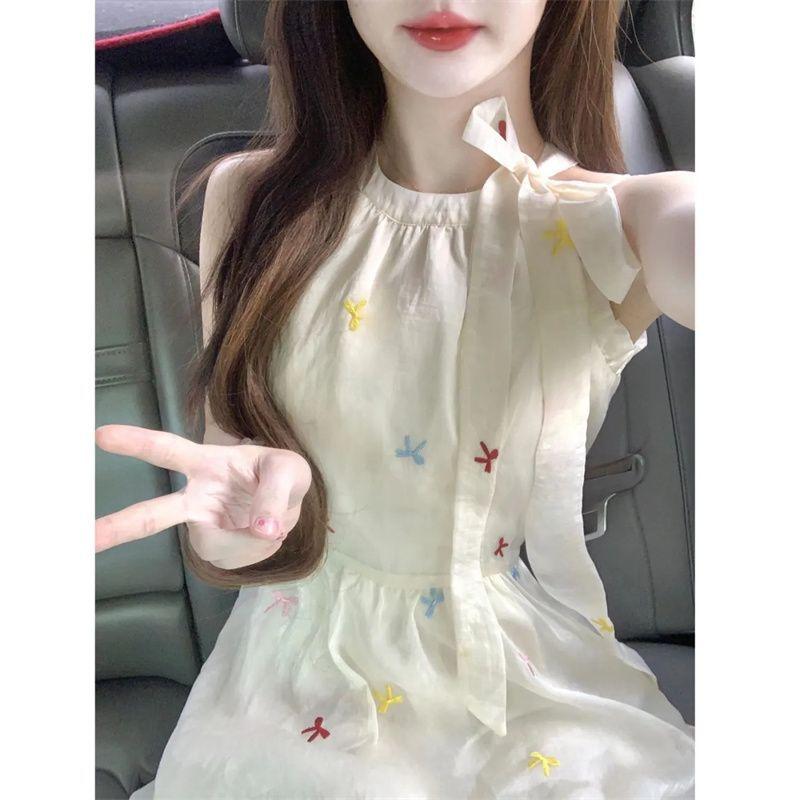 French gentle small fresh floral bow long dress niche foreign sexy sweet design neck dress