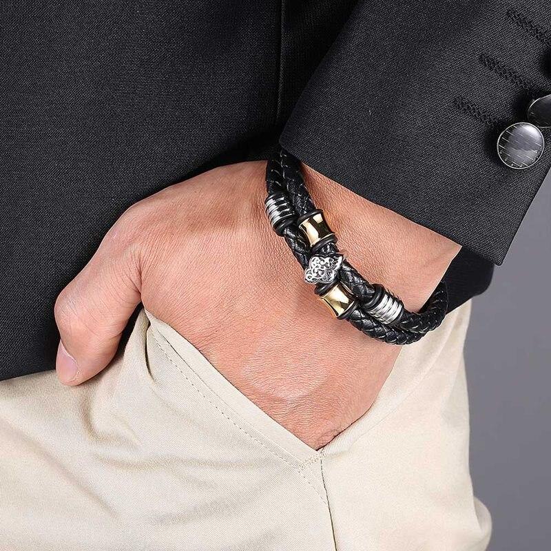 New Woven Leather Rope Wrapping Special Style Punk Stainless Steel Men's Leather Bracelet Double-Layer Design