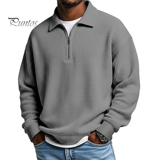 Men Sweatshirt Waffle Fabric Texture Long Sleeve Zipper Half Opening Classic Outdoor Activity Lapel Pullover Tops Solid Color Loose Fit Casual