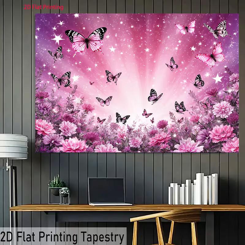 Whimsical Butterfly Backdrop, Dreamy Pink and Purple Scene with Butterflies, Flowers and Sparkles, Magical and Enchanting Party Wall Art