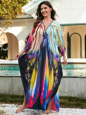 Plus Size Kaftan Multicolored Bohemian Printed Summer Long Beach Dress Women Homewear Outfit Swim Suit Cover Up Loose Caftan