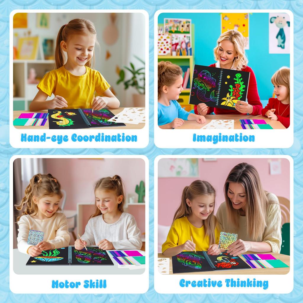 Mermaid Foil Fun Sticker Book and Scratch Art Paper for Kids, DIY Art & Craft Activity Kit for Girls, No Mess Travel Toys