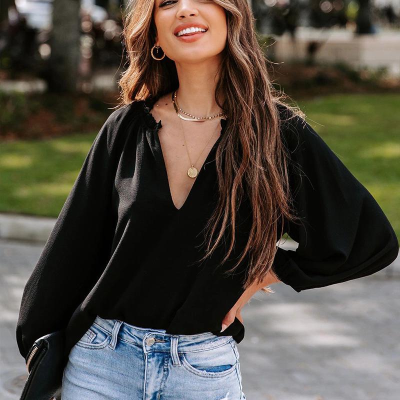 

Весенне-осенняя женская рубашка, крутая рубашка с длинными рукавами, однотонная, удобная повседневная свободная блузка с v-образным вырезом, топы XXXL чёрный